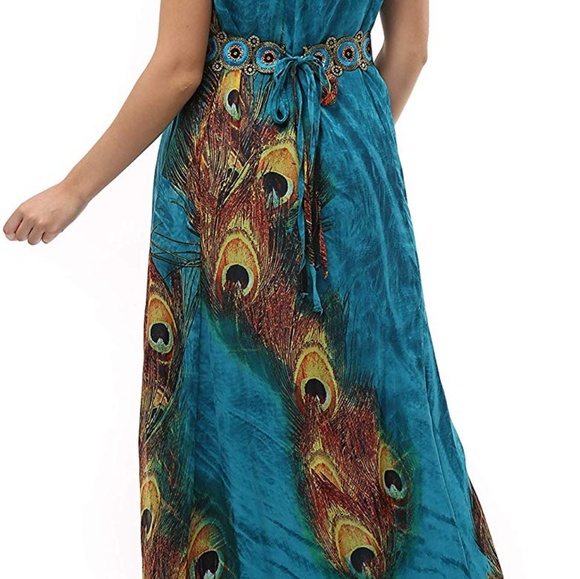 Flowy PEACOCK PRINT Chiffon Maxi Dress - Picture 2 of 5